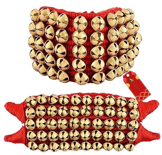uapan brass ghungroo anklets bells (5 line double string pad, red, pair)
