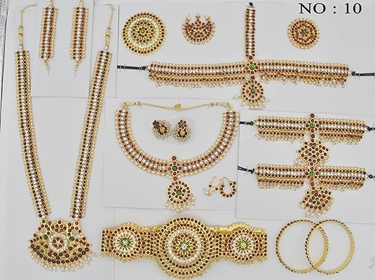 gvg traditional bharatanatyam & kuchipudi temple jewellery set | gold plated copper with green & red kemp stones | complete 10 piece classical dance accessory set for women gvg traditional bharatanatyam & kuchipudi temple jewellery set | gold plated copper with green & red kemp stones | complete 10 piece classical dance accessory set for women
