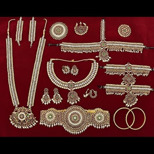 gvg traditional bharatanatyam & kuchipudi temple jewellery set | gold plated copper with green & red kemp stones | complete 10 piece classical dance accessory set for women gvg traditional bharatanatyam & kuchipudi temple jewellery set | gold plated copper with green & red kemp stones | complete 10 piece classical dance accessory set for women